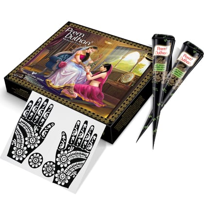 Prem Dulhan Natural Black Mehandi Cone 12 Pcs Box with Floral & Paisley Stencils