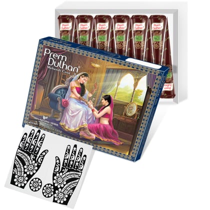 Prem Dulhan Brown Henna Cones Box 12 Pcs with Flower Stencil Blue Box