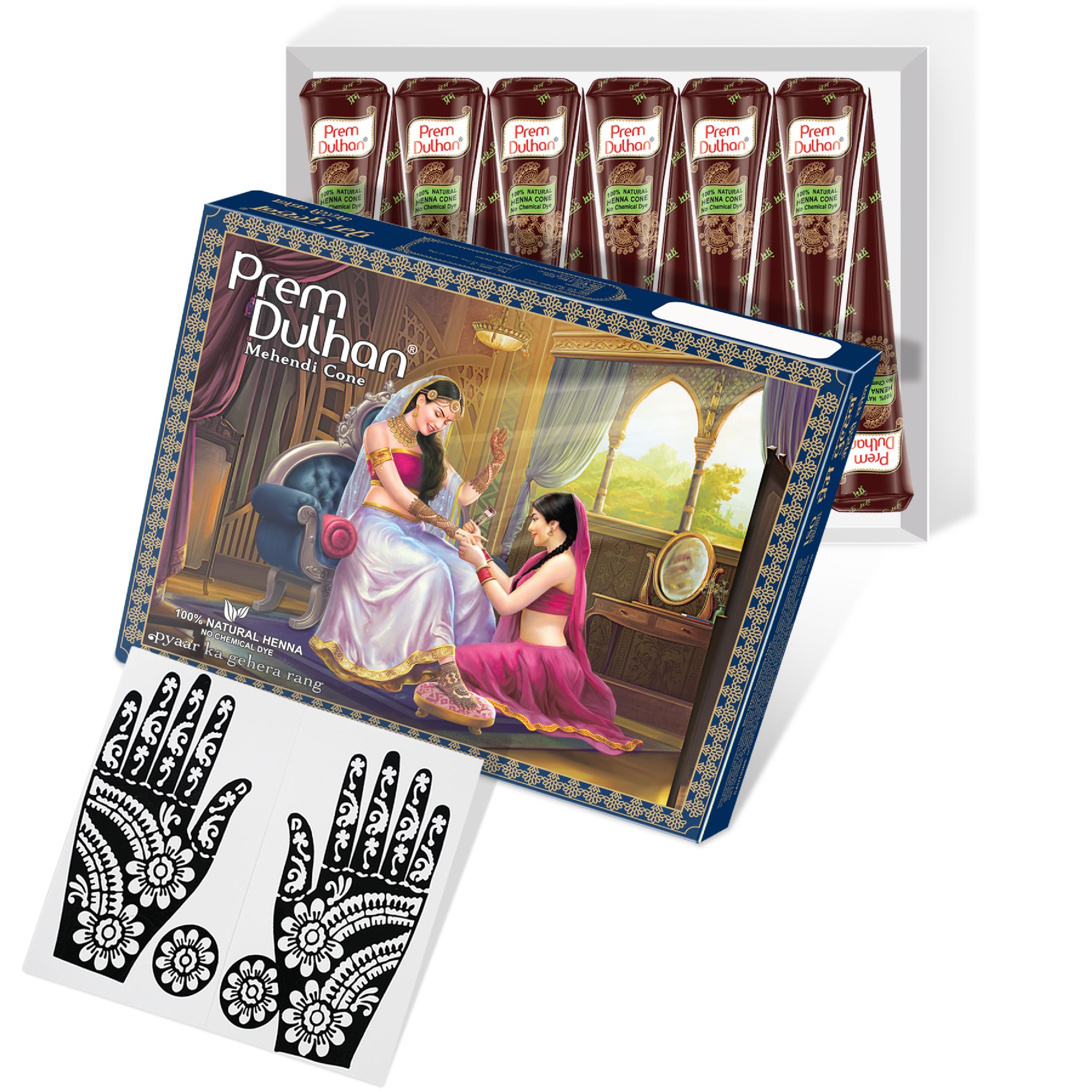 Prem Dulhan Brown Henna Cones Box 12 Pcs with Flower Stencil Blue Box