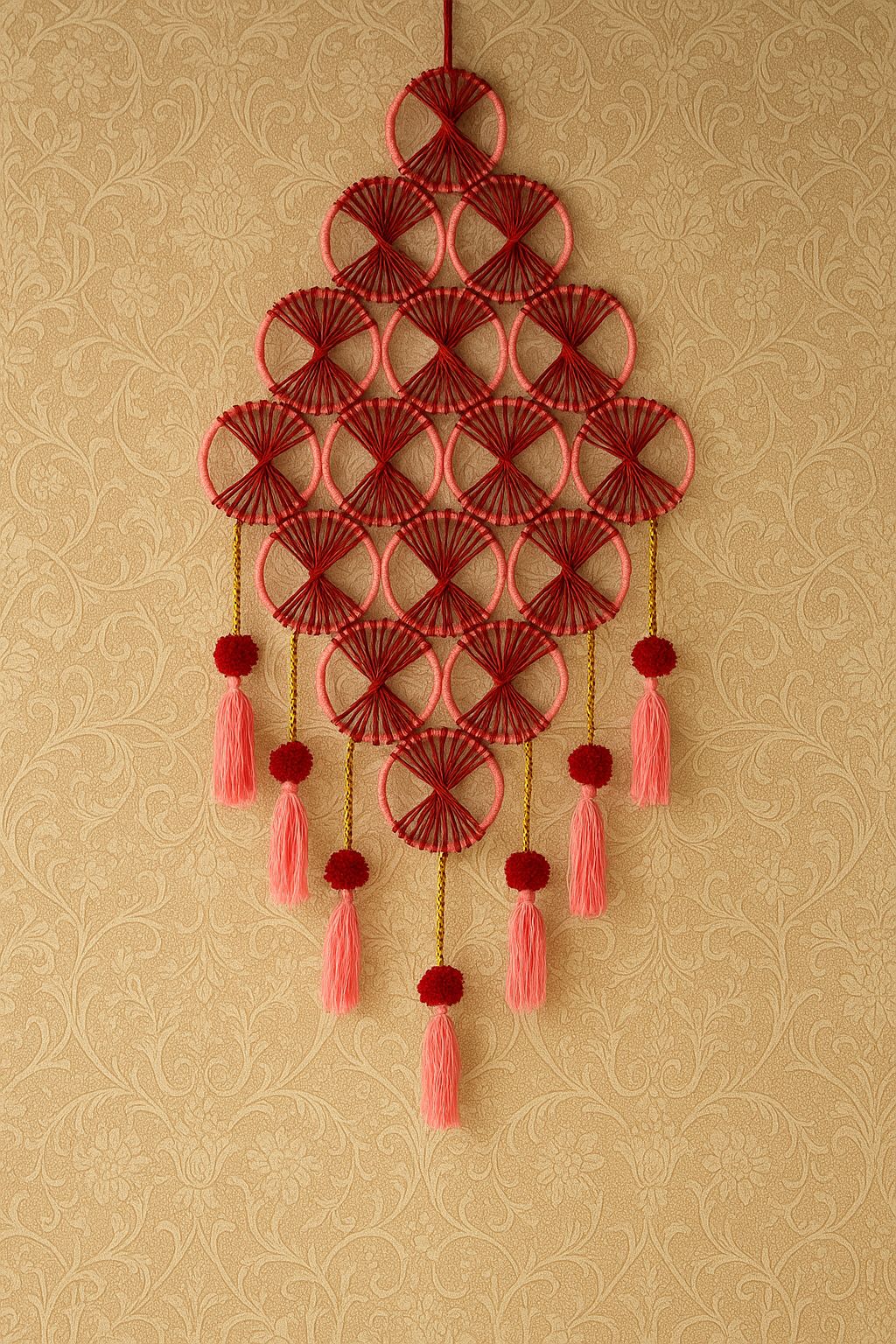 Handmade Bohemian Wall Hanging with Tassels - Red and Pink Decor