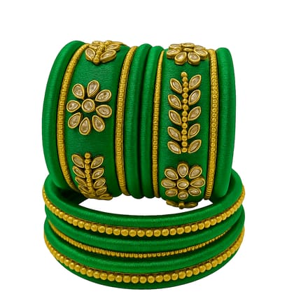 Handcrafted Green Silk Thread Bangles with Kundan and Golden Bead Work