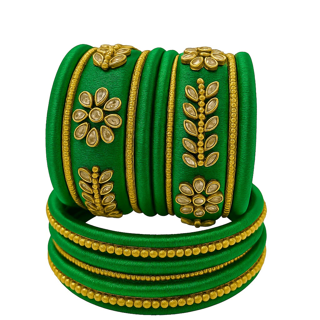 Handcrafted Green Silk Thread Bangles with Kundan and Golden Bead Work