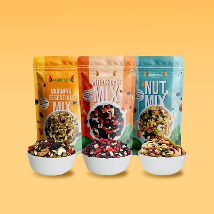 Ambrosia TrailMixes Diwali Gift Hamper 600g (each pack 200g) | Packed with premium crunchy Nut Mix, BerryMix & Morning Mix 600g