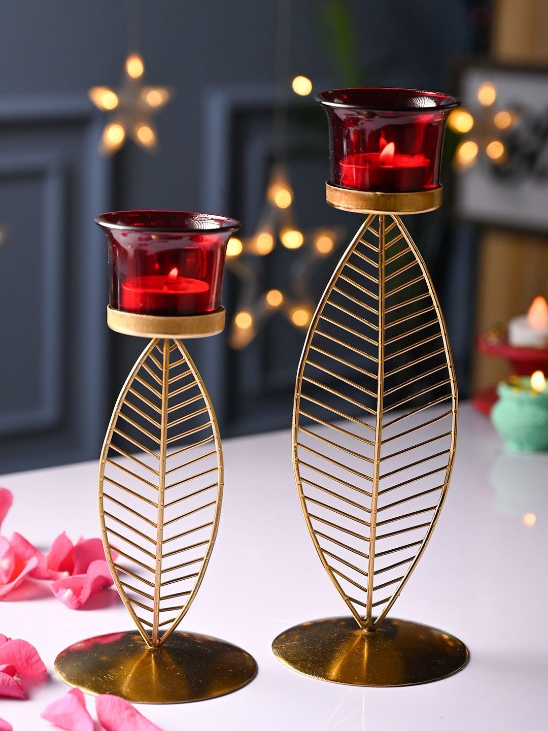 VON CASA Red Leaf Shape T-Light Holder - Set Of 2