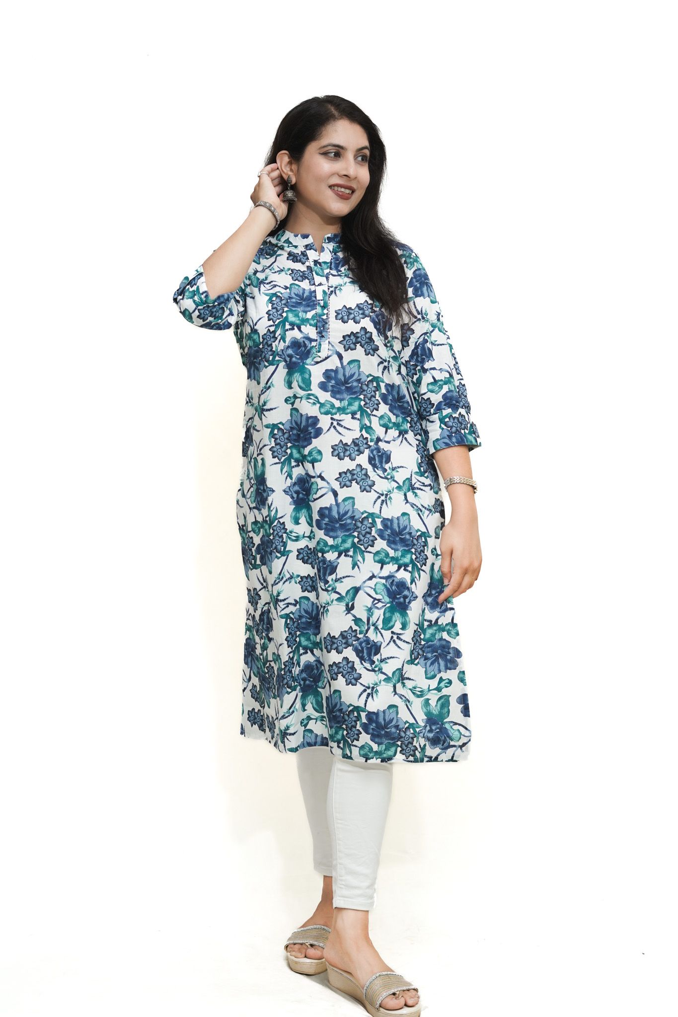 Women's pure cotton straight white::Blue floral printed embellished kurta