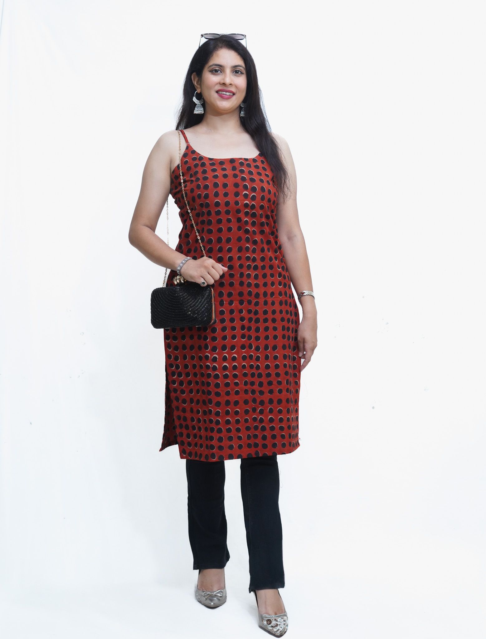 Women's pure cotton hand block printed rust ::Black fusion kurta