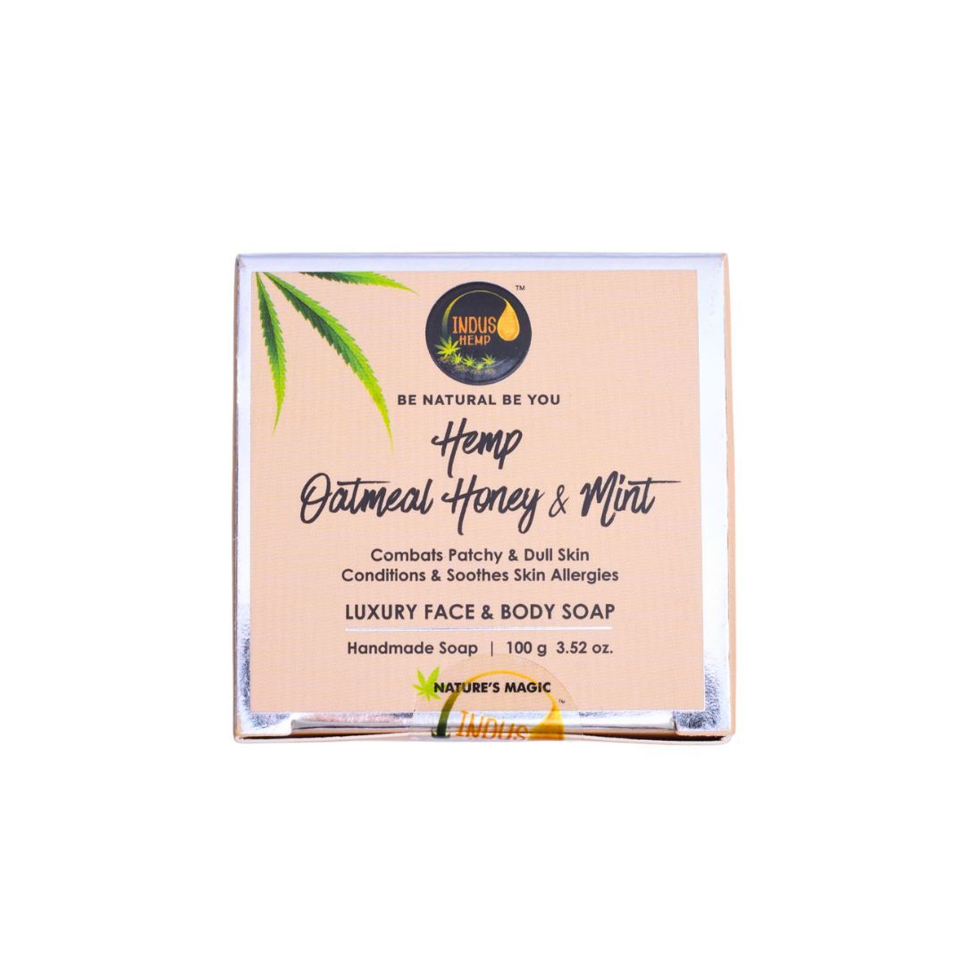 INDUS HEMP OATMEAL HONEY & MINT | LUXURY FACE & BODY SOAP|COMBATS PATCHY & DULL SKIN CONDITIONS & SOOTHES SKIN ALLERGIES | HANDMADE SOAP | 100G 3.52 oz