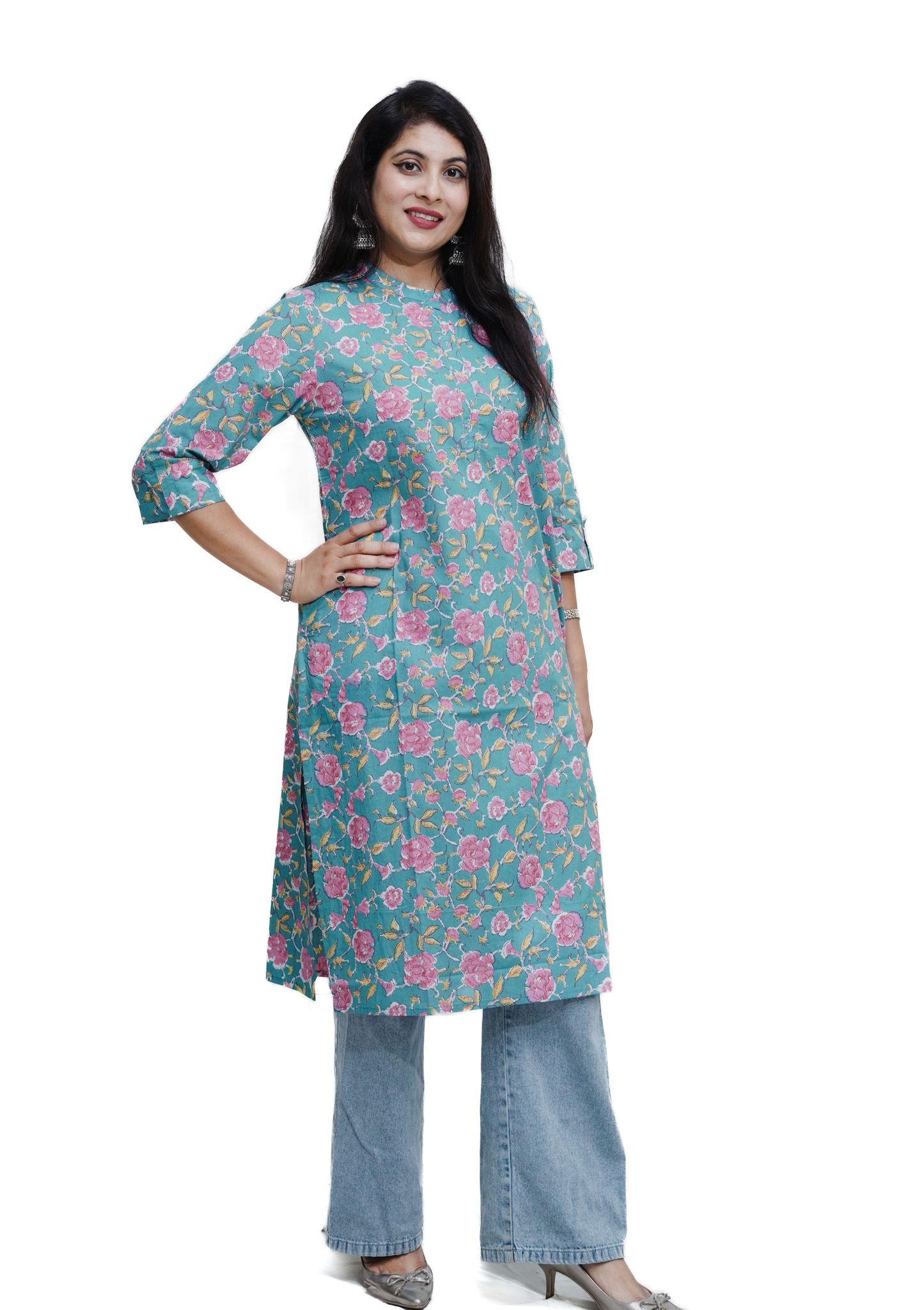 Women's pure cotton straight Turq/Pink with multi color embellished kurta