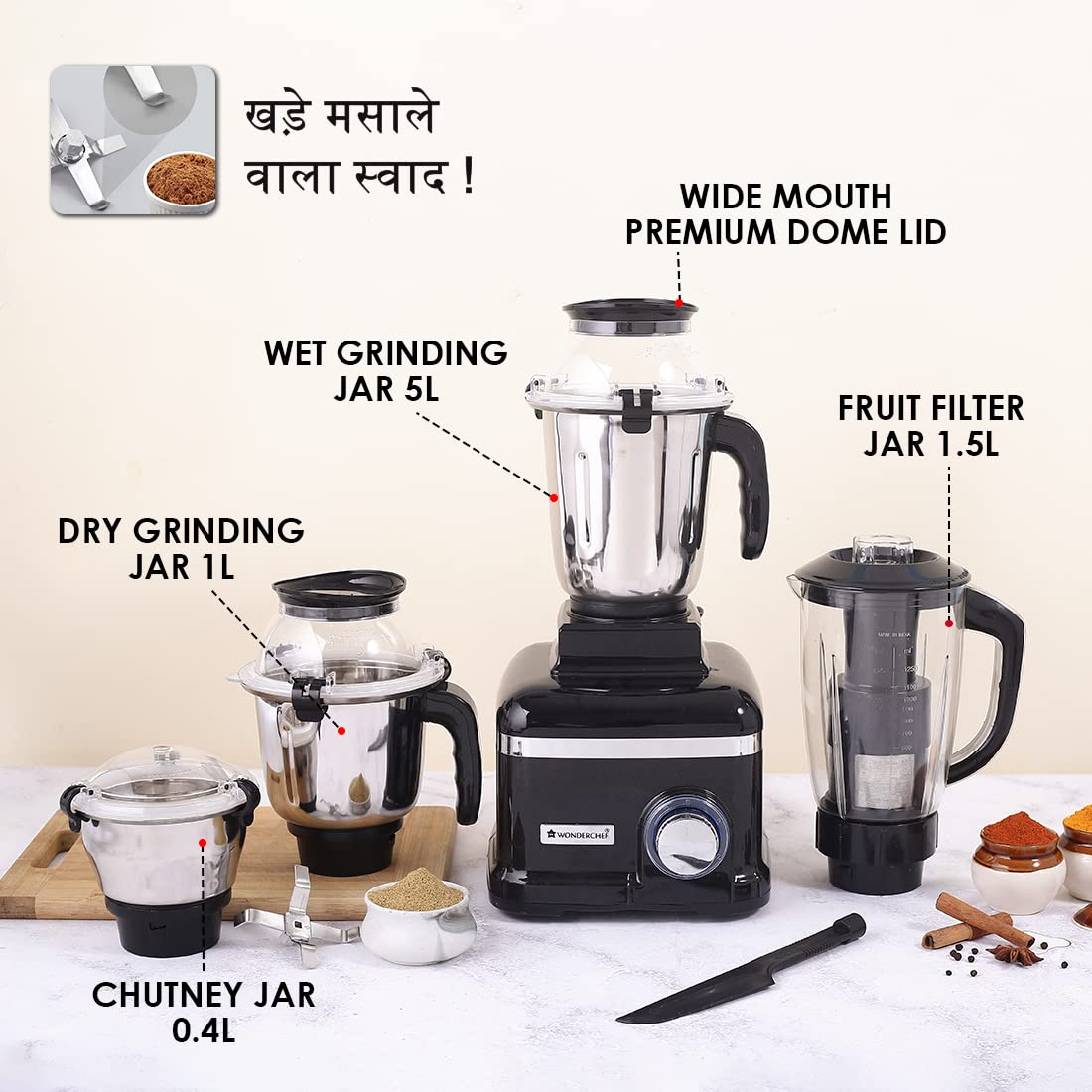 Wonder chef Sumo Black DLX Mixer Grinder with 4 Stainless Steel Jars, 1000 Watts