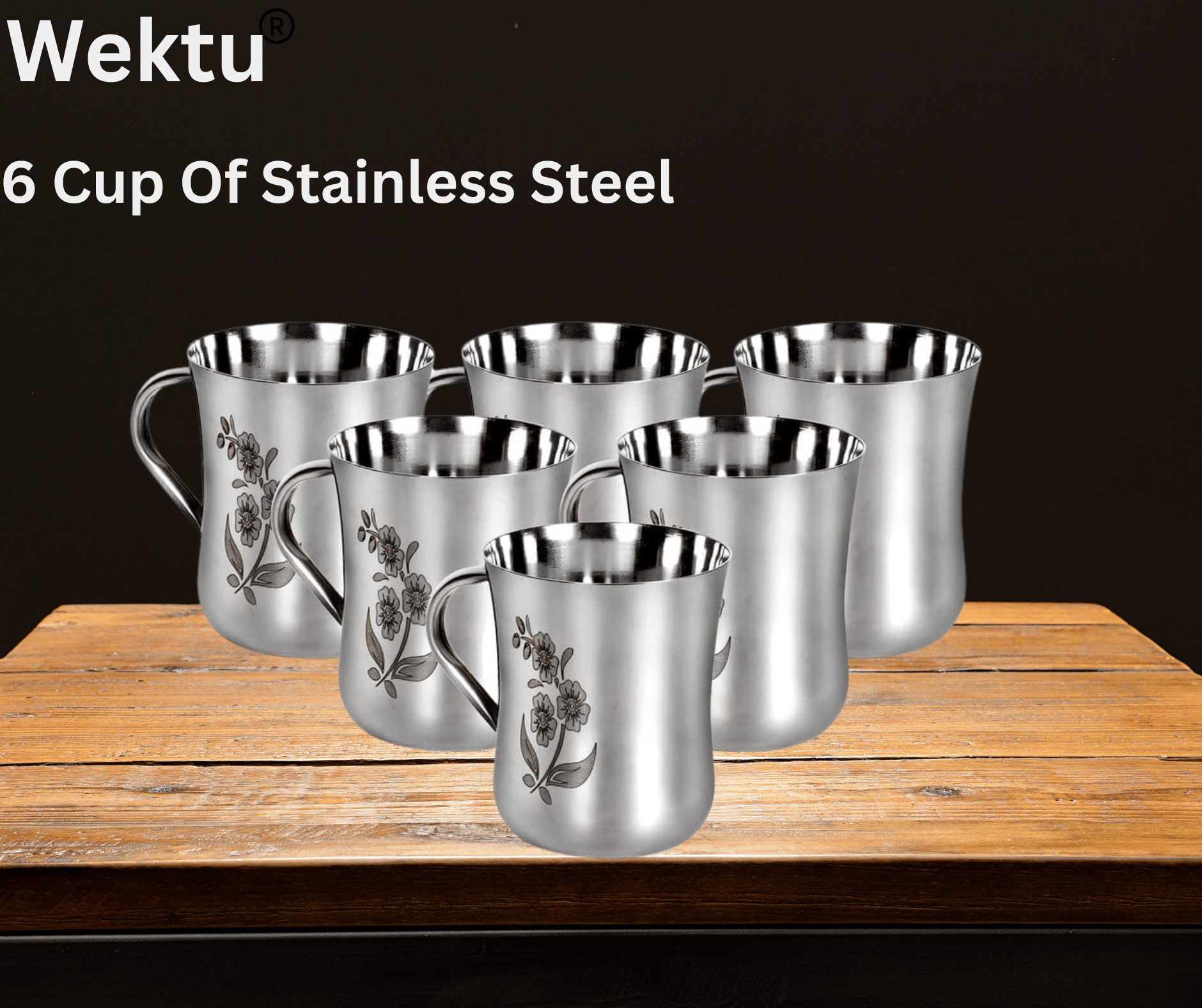 Wektu Stainless Steel Cups Set of 6 with Floral Design