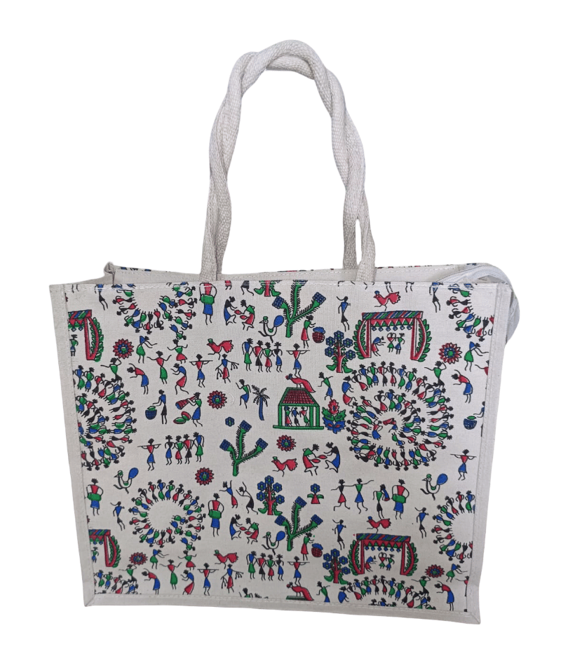 Warli Art Jute Tote Bag - Eco-Friendly & Hand-Painted