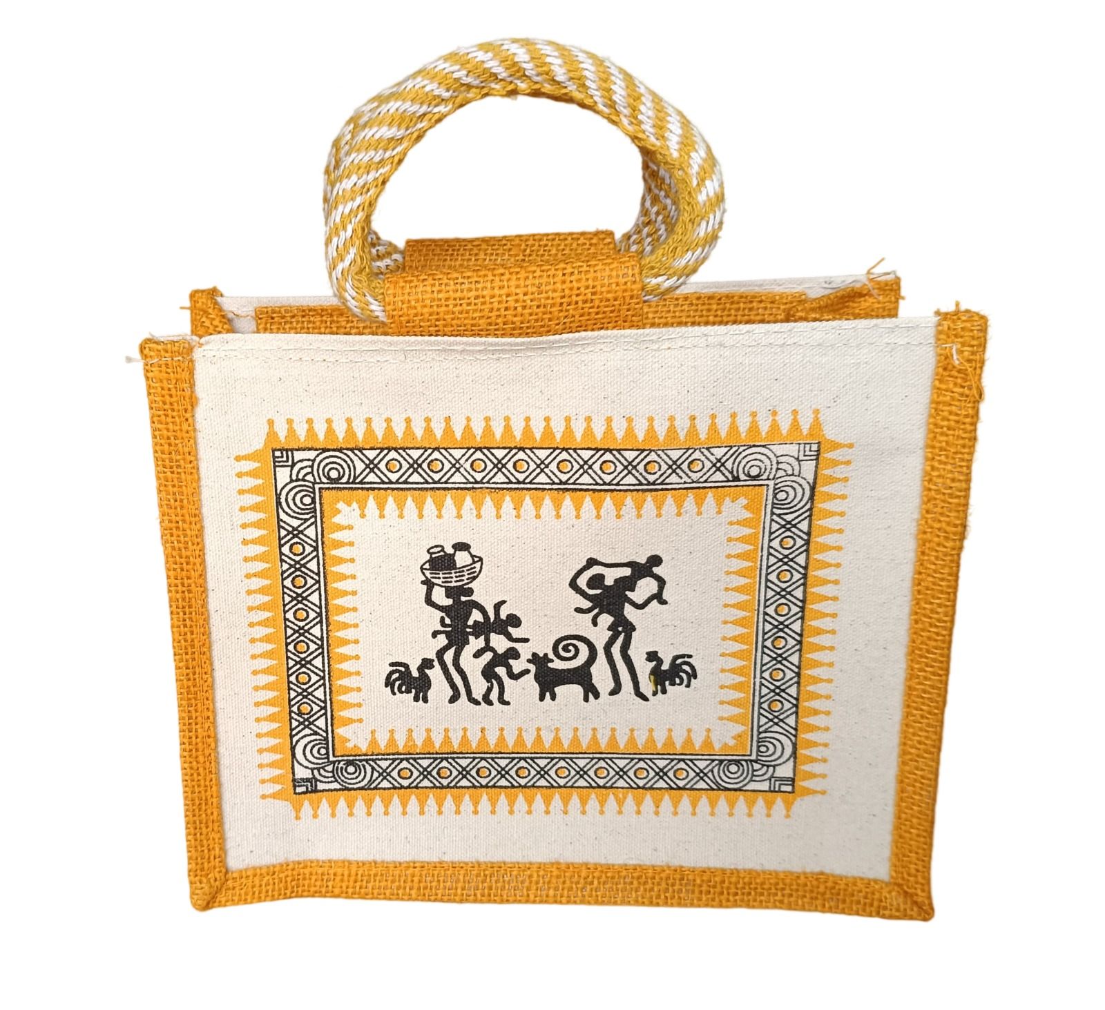 Handmade Jute Tote Bag with Tribal Art Design - Eco-Friendly