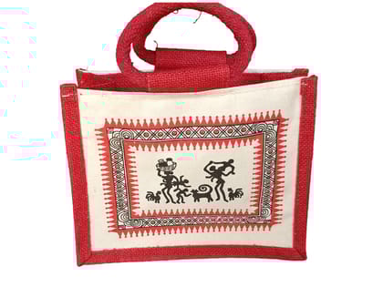 Handcrafted Jute Tote Bag with Tribal Art Print - Eco-Friendly Shopping Bag