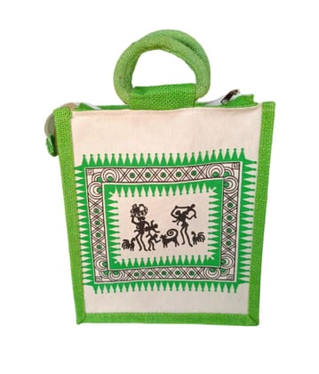 Tribal Design Jute Tote Bag with Green Accents