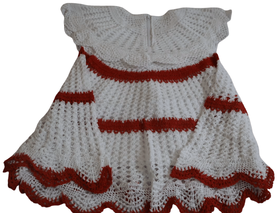 Handmade Crochet White Dress with Red Accents