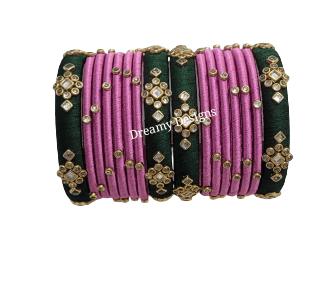 Pink & Green Silk Thread Bangles with Gemstones