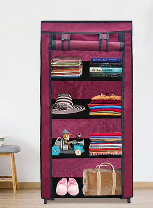 PHILOSHOP 4-Shelves Durable Metal Frame Modular Collapsible Wardrobe with 10-Inch Gapping in each Shelf & 100 GSM Fabric in Maroon PHILOSHOP 4-Shelves Durable Metal Frame Modular Collapsible Wardrobe with 10-Inch Gapping in each Shelf & 100 GSM Fabric in Maroon