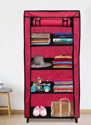 PHILOSHOP 4-Shelves Durable Metal Frame Modular Collapsible Wardrobe with 10-Inch Gapping in each Shelf  & 100 GSM Fabric in Pink