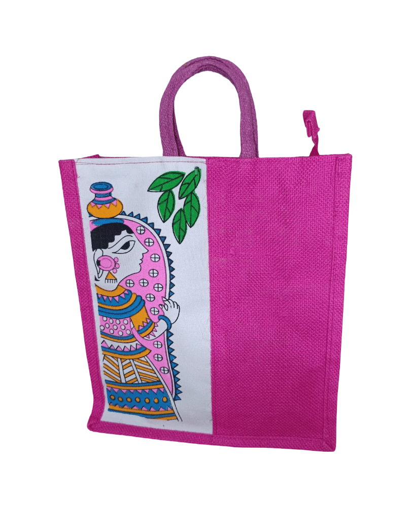 Hand-Painted Pink Jute Tote Bag - Indian Art Design