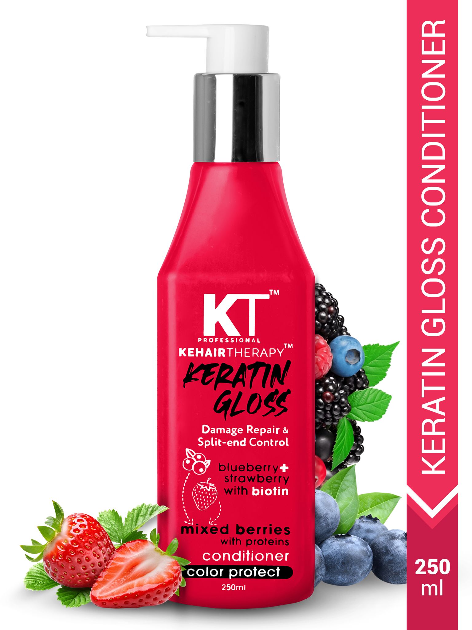 Keratin Gloss Conditioner | With Blueberry, Strawberry & Biotin Extracts | Damage Repair & Split-End Control | Sulfate-Free, Paraben-Free | 250ml