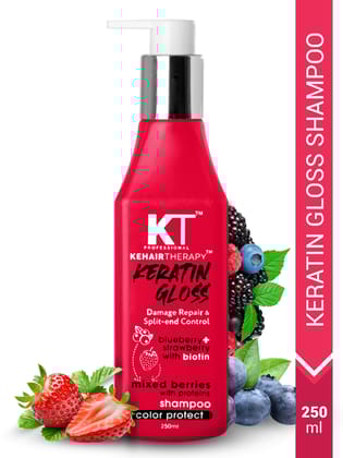 KT Professional Keratin Gloss Shampoo | With Blueberry, Strawberry & Biotin Extracts | Damage Repair & Split-End Control | Sulfate-Free, Paraben-Free | 250ml
