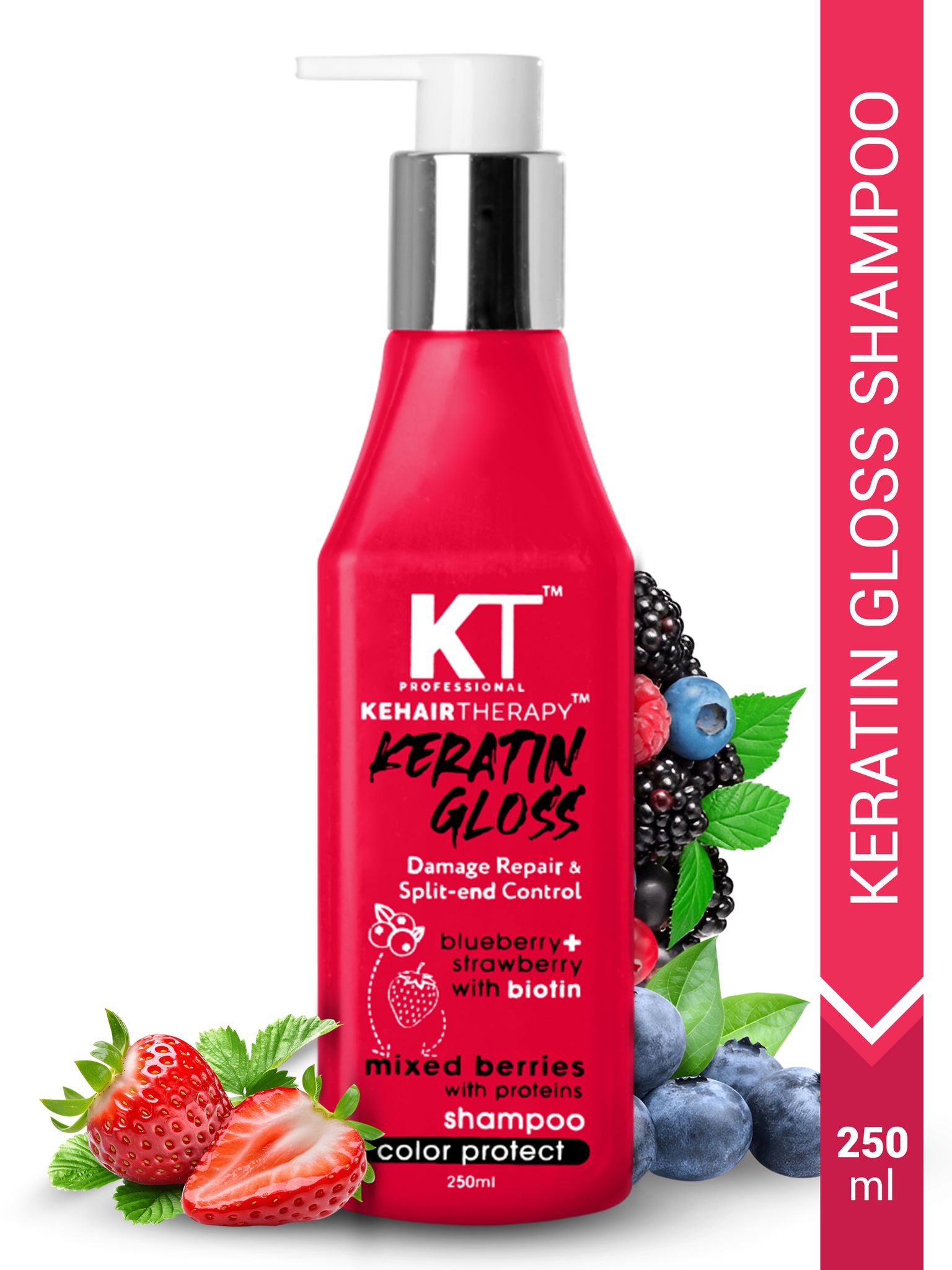 KT Professional Keratin Gloss Shampoo | With Blueberry, Strawberry & Biotin Extracts | Damage Repair & Split-End Control | Sulfate-Free, Paraben-Free | 250ml