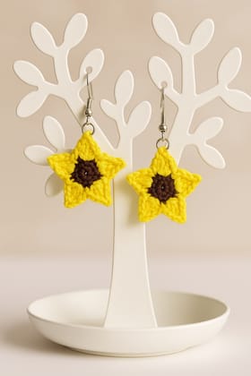 Handmade Crochet Sunflower Earrings - Star Shaped, Yellow & Brown Handmade Crochet Sunflower Earrings - Star Shaped, Yellow & Brown