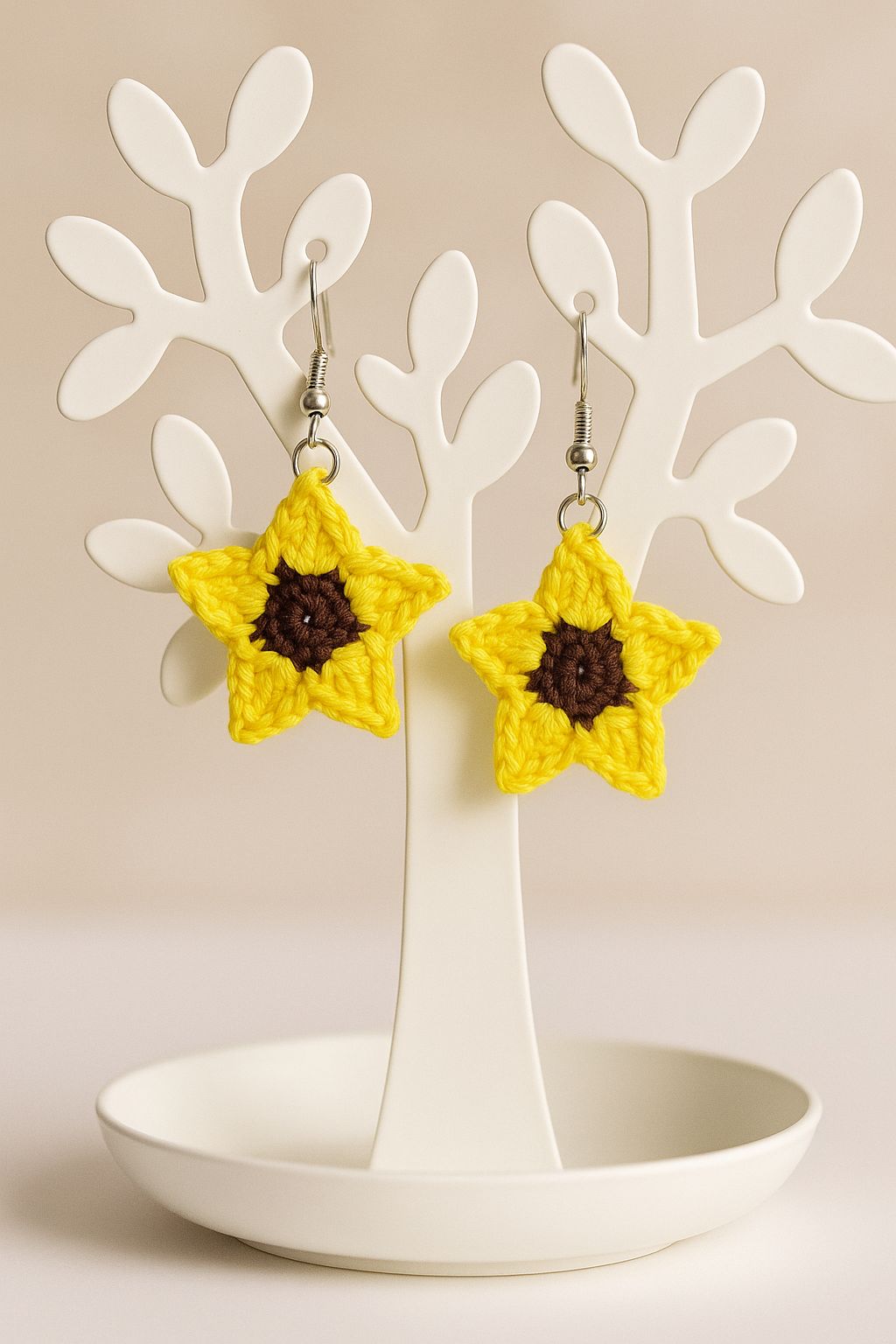 Handmade Crochet Sunflower Earrings - Star Shaped, Yellow & Brown