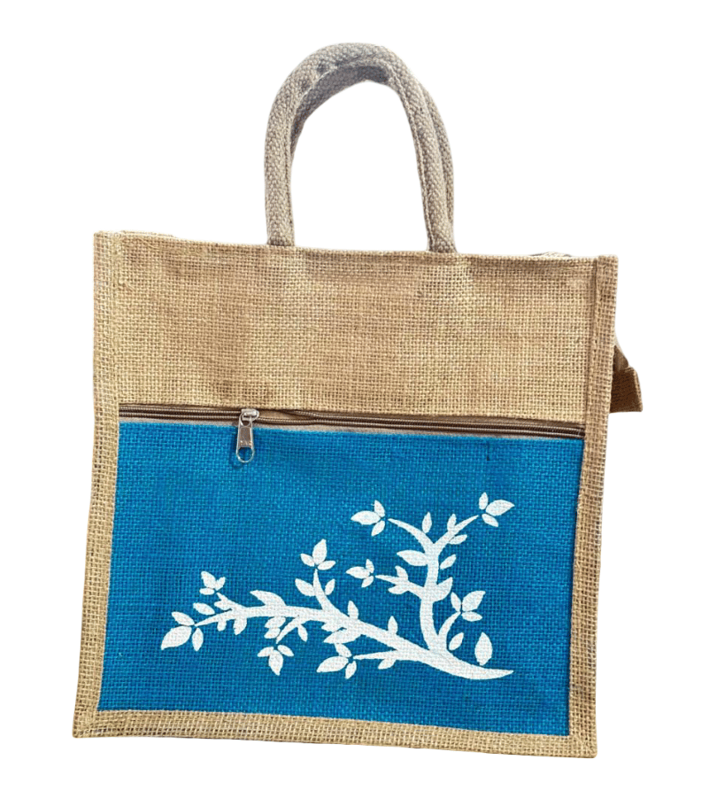 Eco-Friendly Jute Tote Bag with Blue Panel and Tree Design (T)