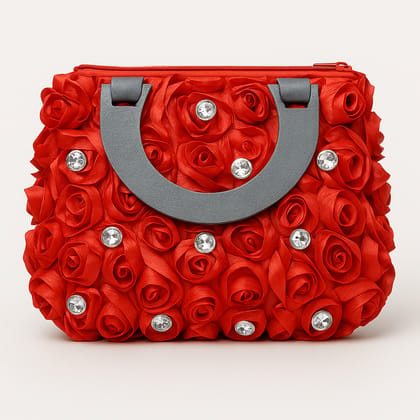 Red Rose Embellished Handbag - Floral Evening Bag