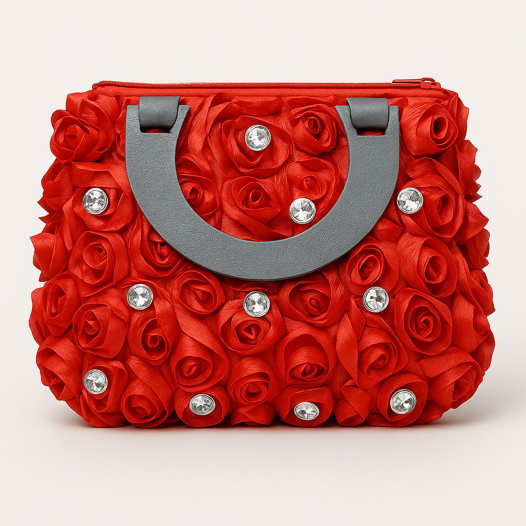 Red Rose Embellished Handbag - Floral Evening Bag