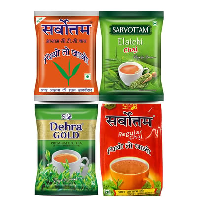 Sarvottam Premium Assam CTC, Dehra Gold Premium CTC, Elaichi Chai & Regular Chai, 1kg (Pack of 4, 250g each), Super Saver Variety Combo Pack