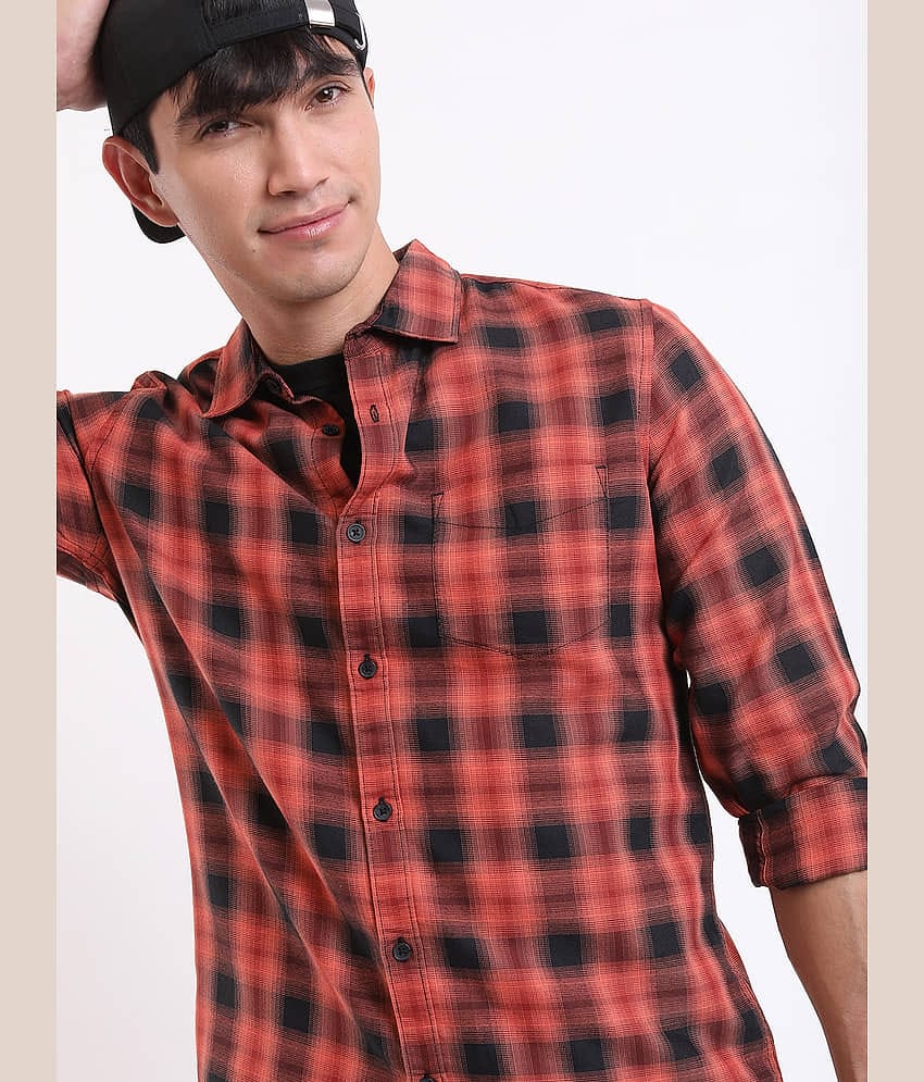 Highlander Cotton Blend Regular Fit Checks Full Sleeves Men's Casual Shirt - Rust ( Pack of 1 )