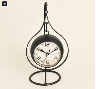 Antique Hanging Table Clock with Iron Stand – Vintage Style Desk Clock with Rustic Black Frame and Classic Analog Dial – Decorative Timepiece for Home, Office, Living Room & Gifting