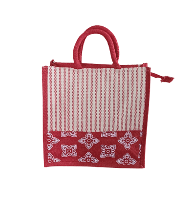 Red & White Striped Tote Bag with Floral Pattern