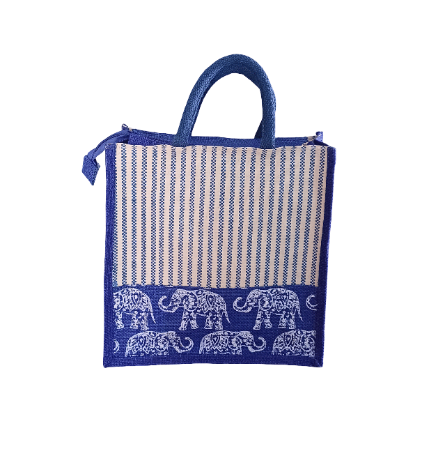 Eco-Friendly Jute Elephant Print Tote Bag with Zipper