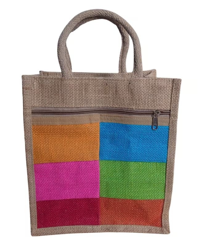 Colorful Patchwork Jute Tote Bag with Zipper
