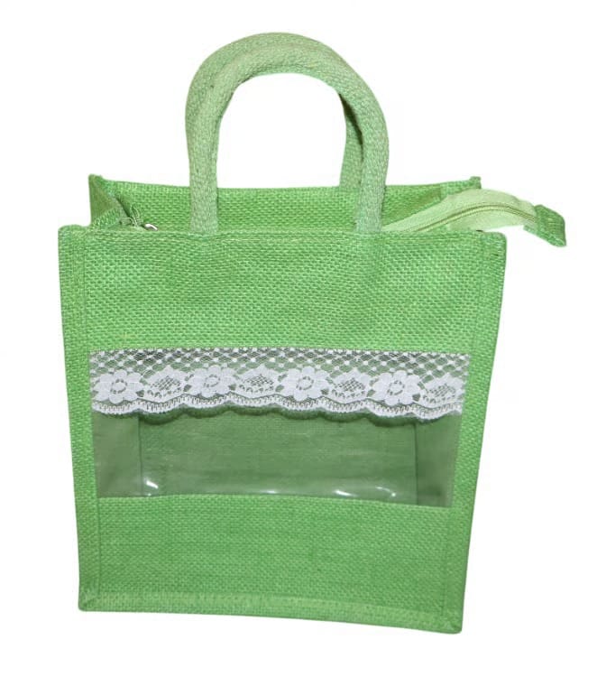 Green Jute Bag with Lace Detail - Eco-Friendly Tote