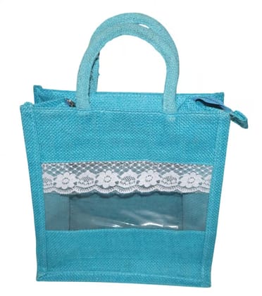 Turquoise Jute Tote Bag with Lace Detailing