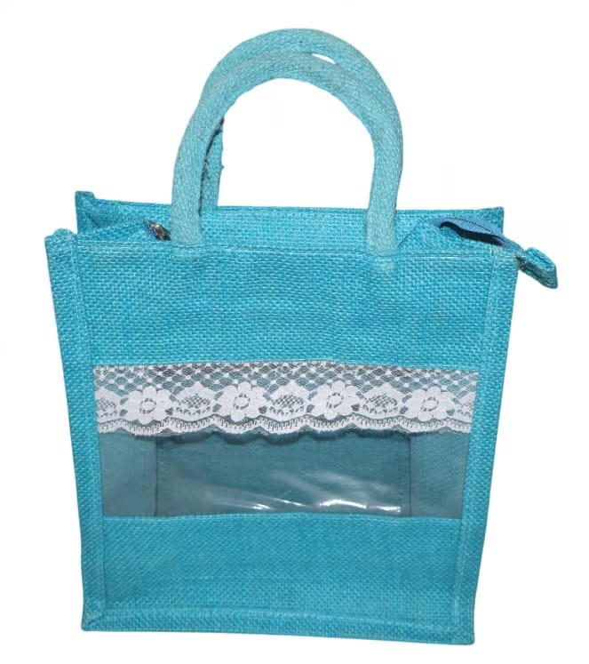 Turquoise Jute Tote Bag with Lace Detailing