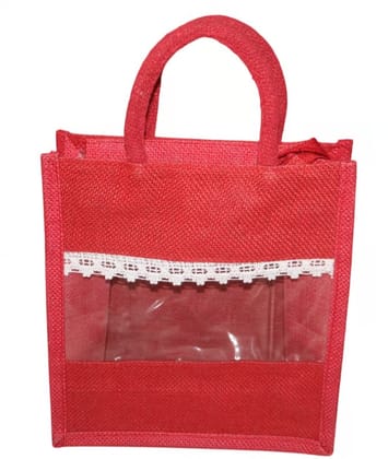 Red Jute Bag with Lace Window - Eco-Friendly Shopping Tote