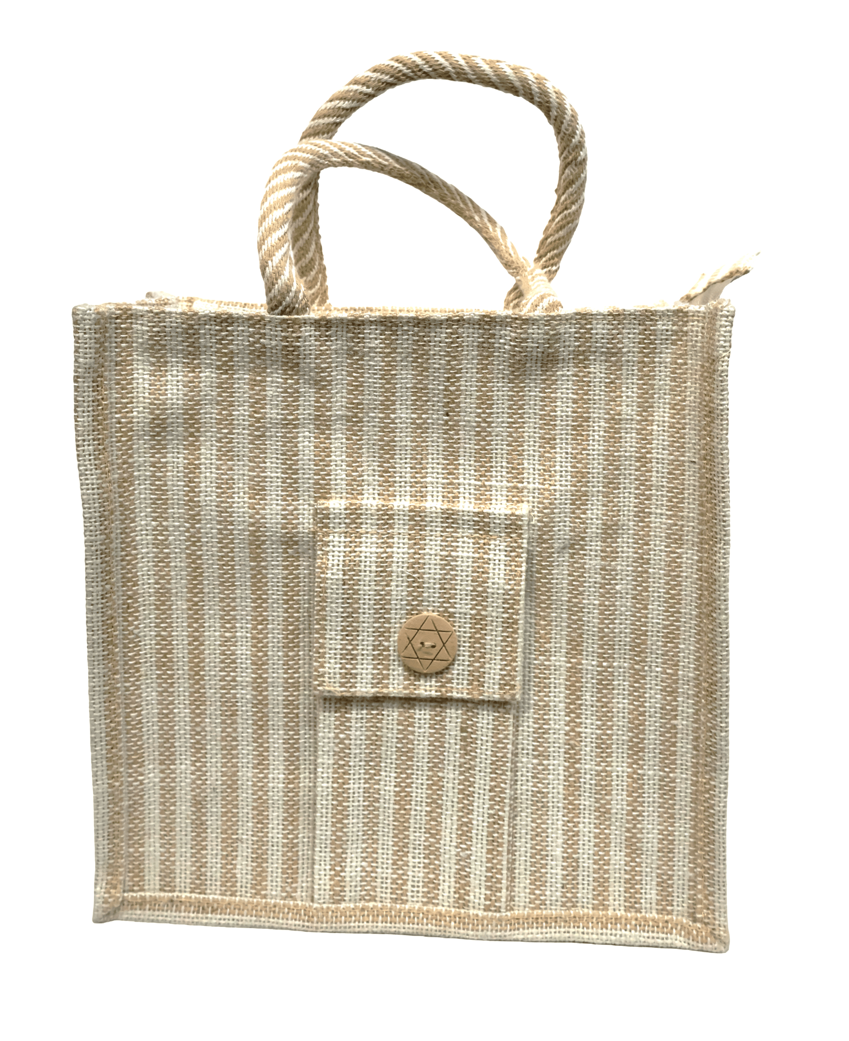 Eco-Chic Striped Jute Tote Bag with Wooden Button