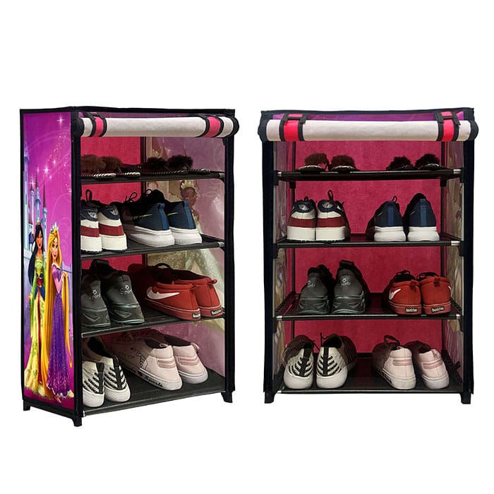 PHILOSHOP 4 Layer Metal Shoe Rack with Princess Pink Cover – Cute & Durable Shoe Organizer for Kids Room"