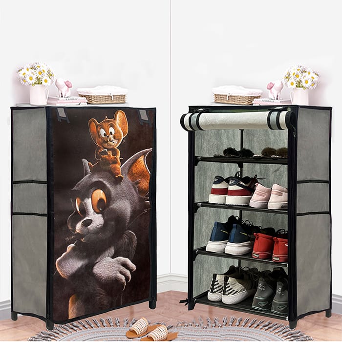 PHILOSHOP 4 Layer Metal Shoe Rack with Tom & Jerry Grey Cover – Cartoon-Themed Shoe Organizer for Kids & Home Use"