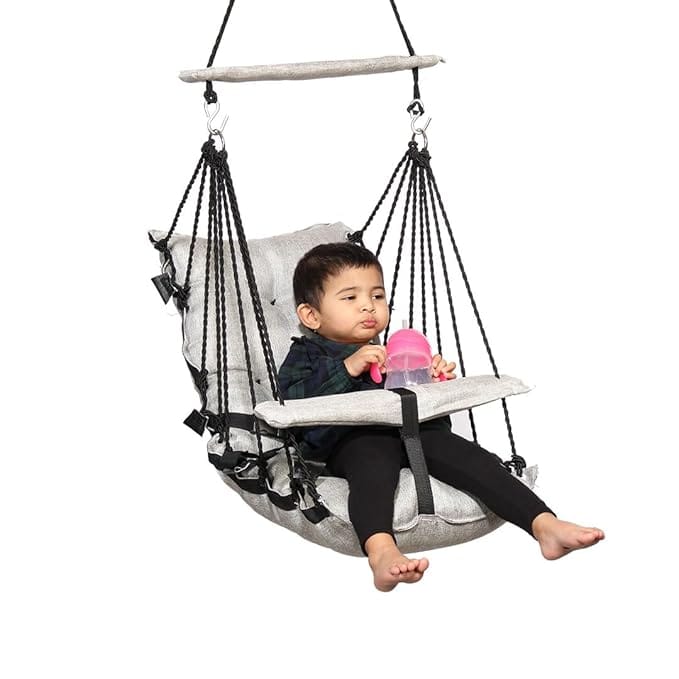 Wishing Clouds Piccolo Swing For Baby, Uyyala For Kids, Jhula For Baby, Swing For Kids With Cotton Filling And Leg Lock Mechanism With S Hook (Jute, Grey) - 35 Cm, 45 Cm