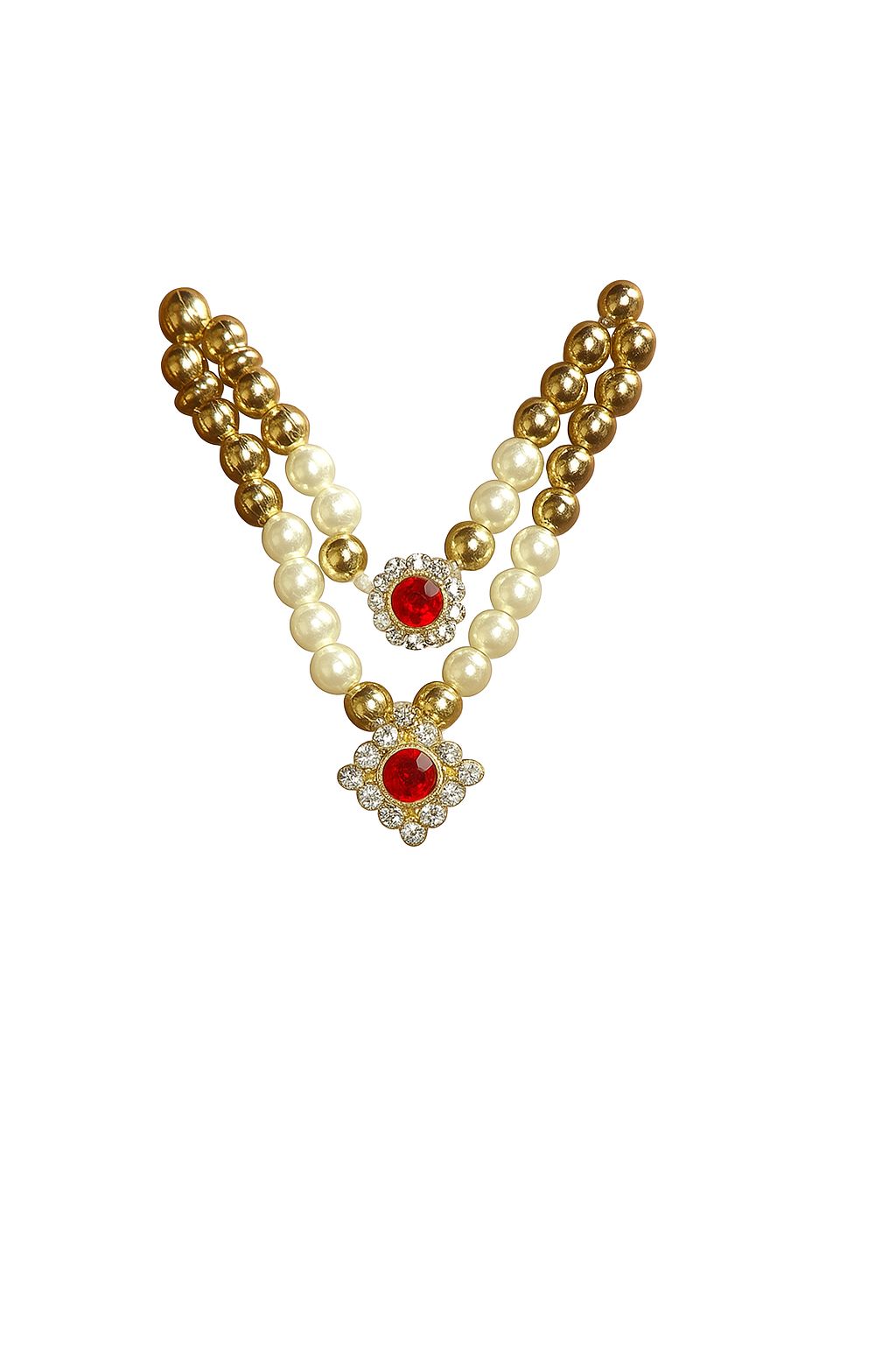 Elegant Gold-Toned Faux Pearl Necklace with Red Stone Pendants