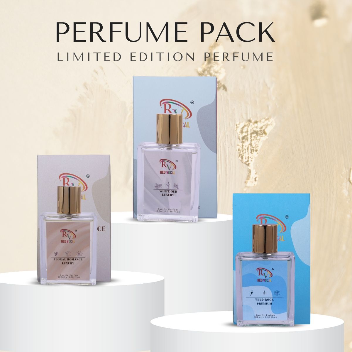 Red Vocal White Oud Luxury With Floral Romance Luxury and Wild Rock Premium100ml Perfume Spray Combo – 3 x 100ml