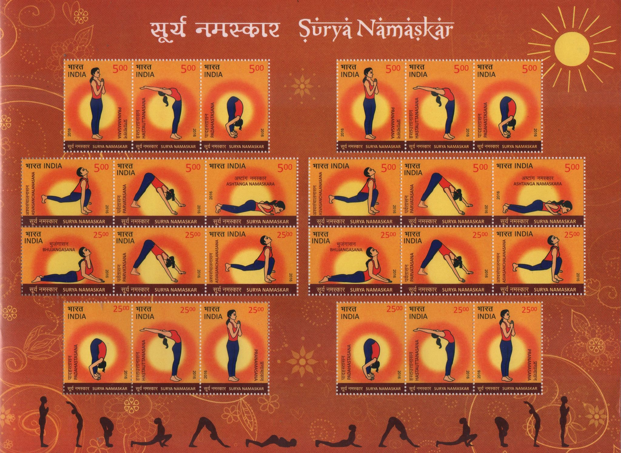 Shobhaphila's Surya Namaskar Yoga Sheetlet Stamps - A Journey Through Sun Salutations (20th June 2016)