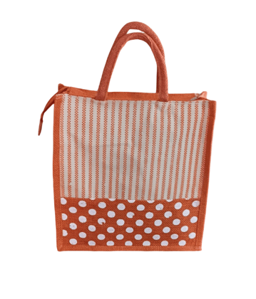 Stylish Jute Tote Bag - Striped and Polka Dot Design