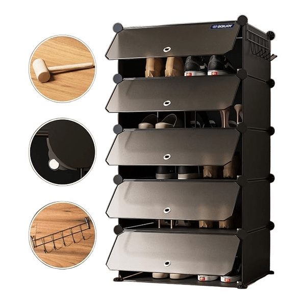 𝟓 𝐒𝐡𝐞𝐥𝐟 Shoe Rack with Door 𝐌𝐚𝐠𝐧𝐞𝐭𝐬 & 5 𝐇𝐨𝐨𝐤 𝐒𝐭𝐞𝐞𝐥 𝐇𝐨𝐥𝐝𝐞𝐫 for Home Storage PP Plastic Box Organizer with Metal Door Frame, Chappal Slipper Sandals Stand (Black)